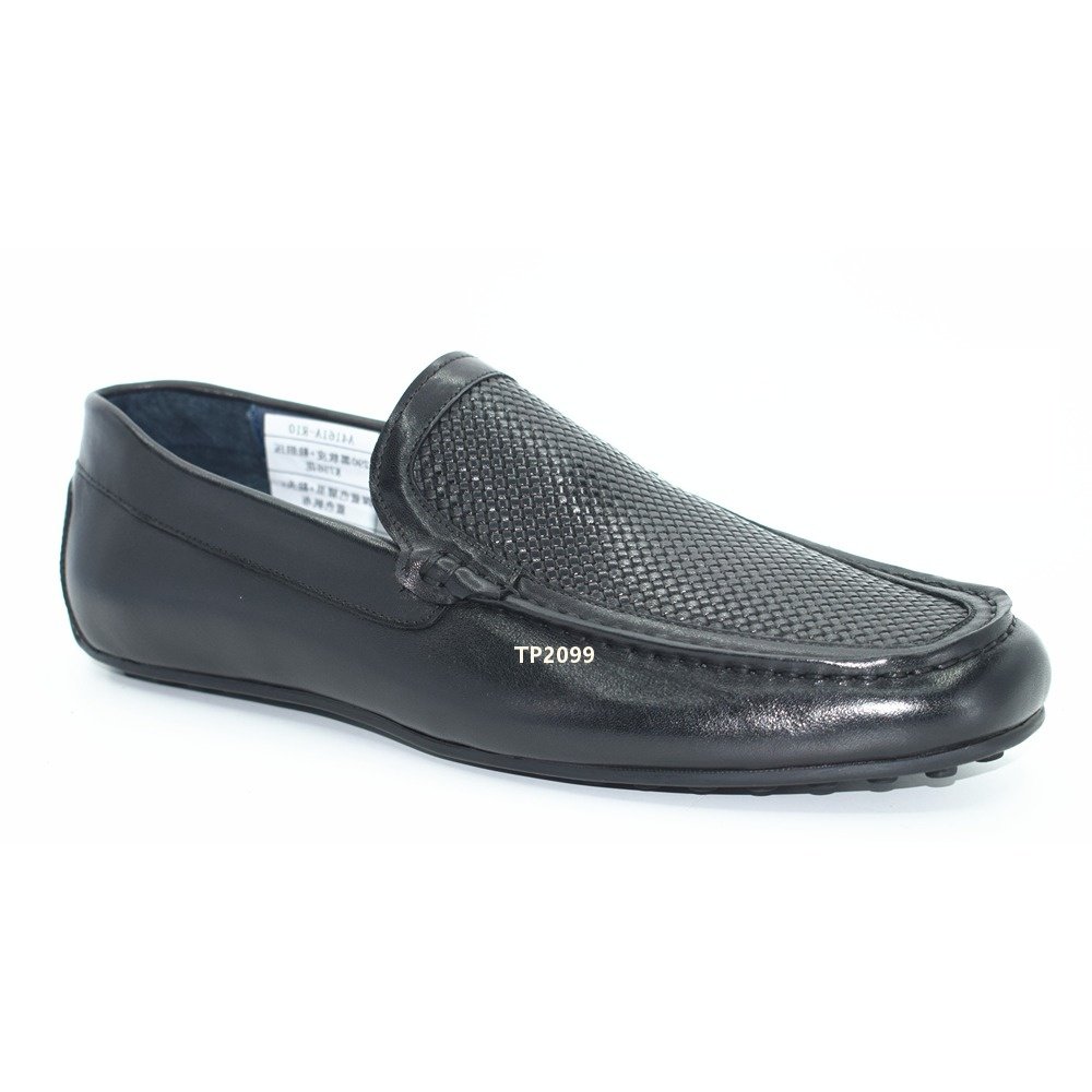 Topmenz Black Leather Woven Panel Driving Shoes