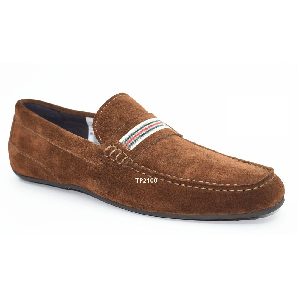 Topmenz Brown Suede Leather Striped Detail Driving Shoes